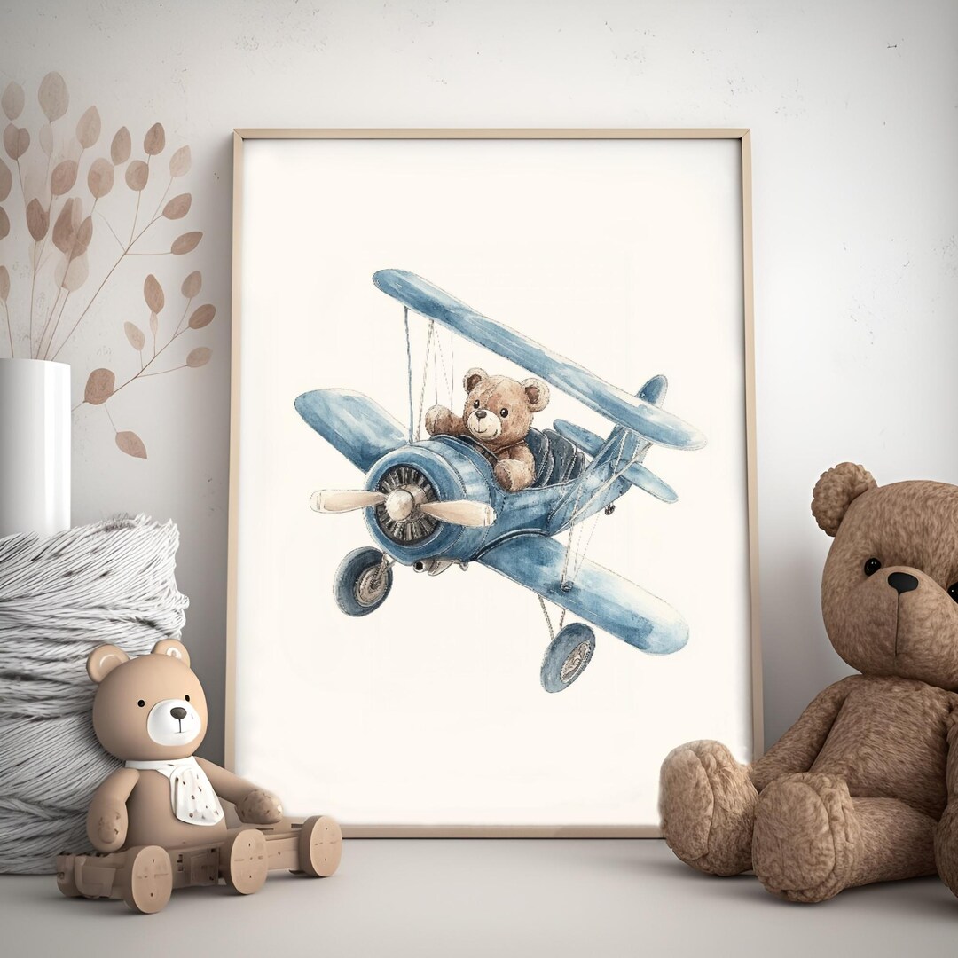Teddy Bear Plane Nursery Wall Art Printable Teddy Bear in Vintage ...