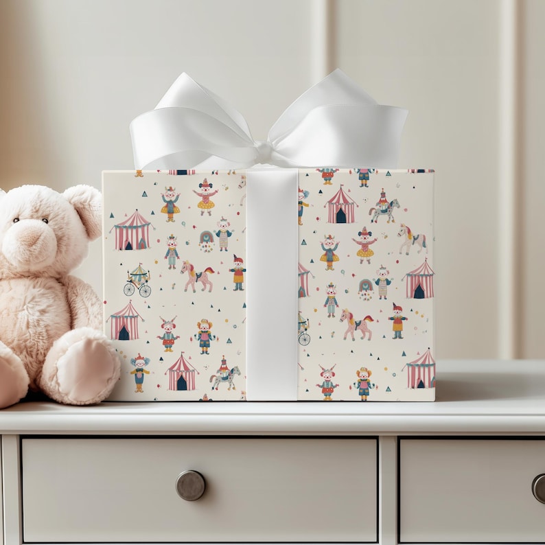 Kids birthday gift wrap with circus theme, including clowns, animals, and carnival tents in bright, playful colors