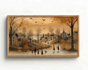 This Halloween Eve Samsung Frame TV Decor Neutral Spooky Season TV Art, Fall Village Scenery Oil TV Painting, and Vintage Halloween Decor