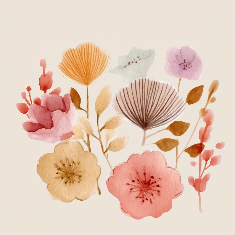 May include: Watercolor illustration of various flowers in shades of peach, pink, and orange, with brown and yellow leaves. The flowers have detailed petal designs and are arranged on a cream-colored background. The overall theme is floral and botanical.