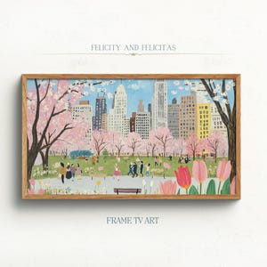 May include: A framed painting of a city park in spring. The park is filled with cherry blossom trees and people enjoying the warm weather. The city skyline is visible in the background. The painting is titled "Felicity and Felicitas" and is signed "Frame TV Art".