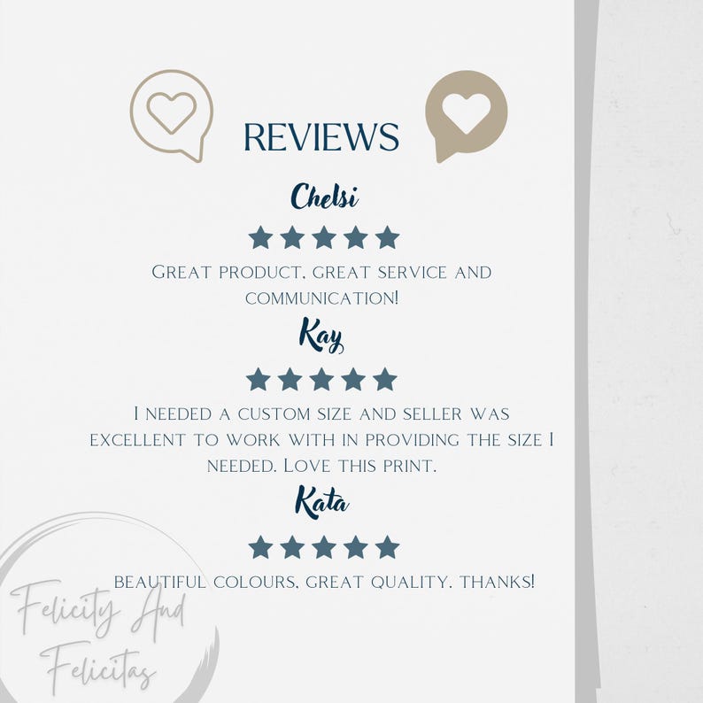 May include: A print featuring customer reviews with star ratings. The text includes the names Chelsi, Kay, and Kata, along with their comments. The print also displays the words "Reviews" and "Felicity And Felicitas".
