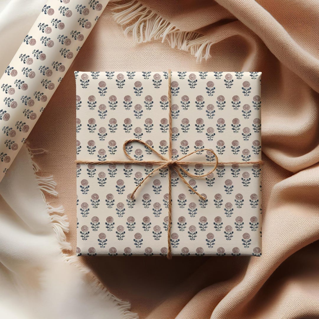 Small Scale Wrapping Paper Block Print Inspired Floral Pattern Gift ...