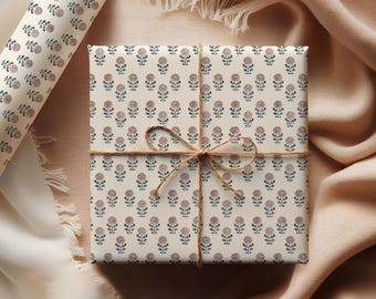 Small Scale Wrapping Paper Block Print Inspired Floral Pattern Gift Wrap