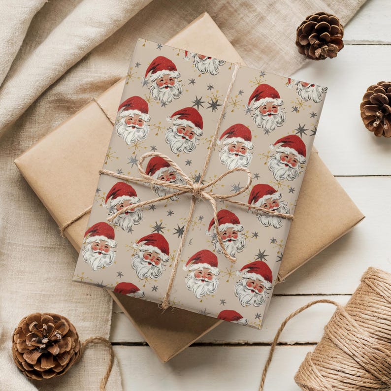Traditional winter holiday present packaging with vintage Santa Claus artwork, ideal for festive Christmas wrapping