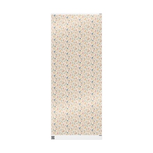 May include: A rectangular wallpaper roll featuring a repeating pattern of small, colourful floral and leaf designs on a cream background. The pattern includes blue, pink, and yellow elements. The roll is vertically oriented.