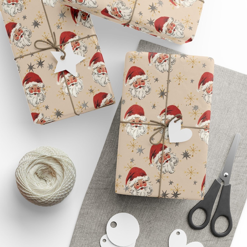 Holiday wrapping sheet and roll featuring vintage Santa Claus design, a classic choice for Christmas gift packaging.