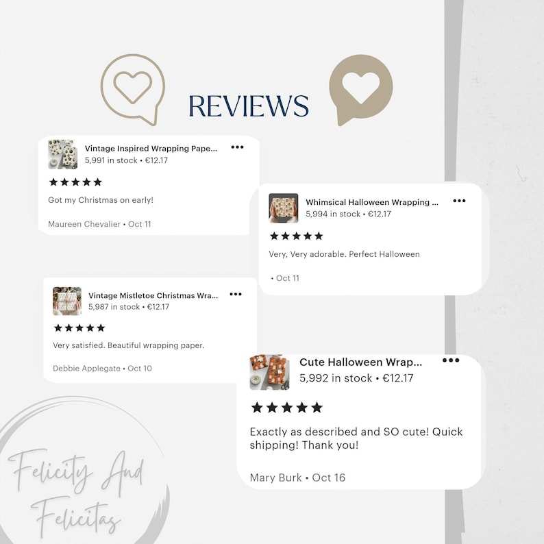 May include: Image of customer reviews for wrapping paper products. The reviews are displayed in white speech bubbles against a light background. The word "REVIEWS" is at the top, with the shop name "Felicity And Felicitas" at the bottom.
