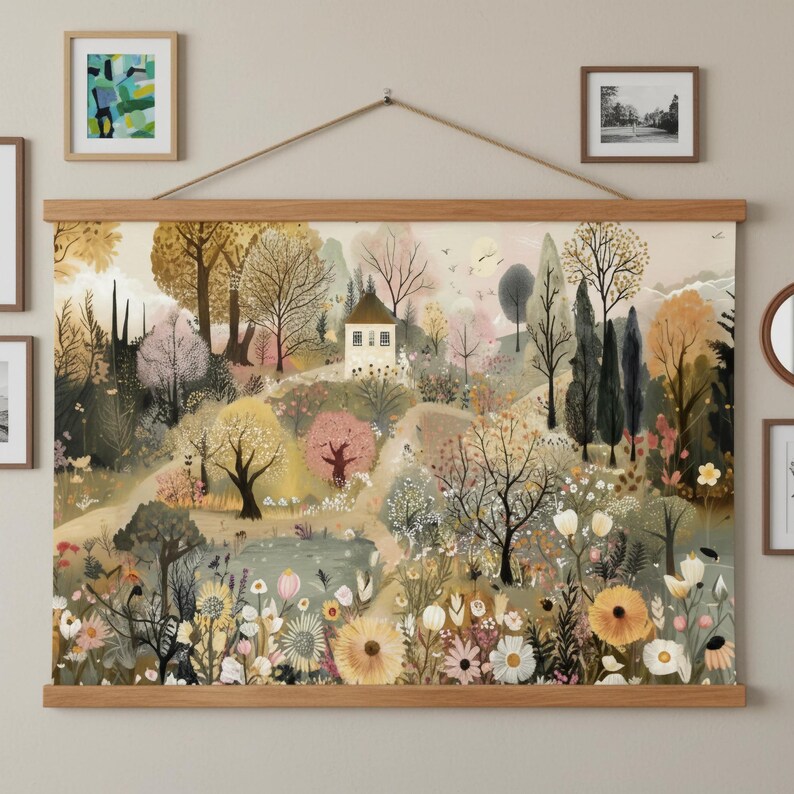 May include: A landscape print featuring a whimsical garden scene with a small house, trees, and flowers. The artwork is displayed with a wooden frame and hanging rope, creating a decorative wall art piece.
