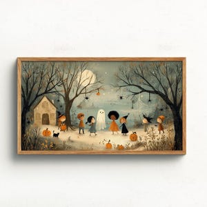 Cute Halloween illustration with kids in costumes and a smiling ghost, displayed as vintage autumn art for Frame TV holiday screensaver.