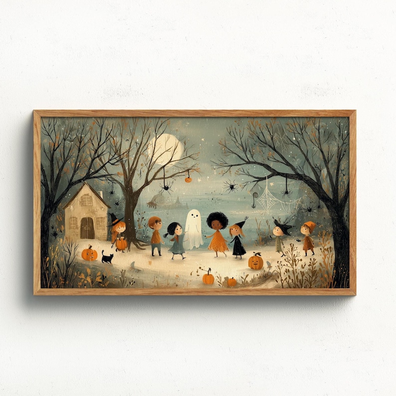 Cute Halloween illustration with kids in costumes and a smiling ghost, displayed as vintage autumn art for Frame TV holiday screensaver.