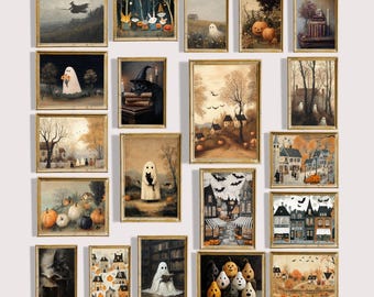 May include: A collection of framed Halloween-themed art prints. The prints feature vintage-style illustrations of ghosts, pumpkins, witches, and spooky landscapes in warm, autumnal colors. Each print has a gold-colored frame.