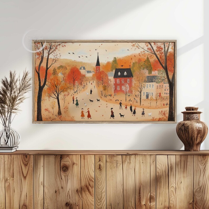 K&ouml;nnte beinhalten: Ein Gem&auml;lde einer kleinen Herbststadt mit einem Kirchturm im Zentrum. Menschen gehen auf dem Marktplatz herum, und es gibt B&auml;ume mit bunten Bl&auml;ttern. Die H&auml;user sind aus rotem Backstein mit wei&szlig;en Verzierungen.