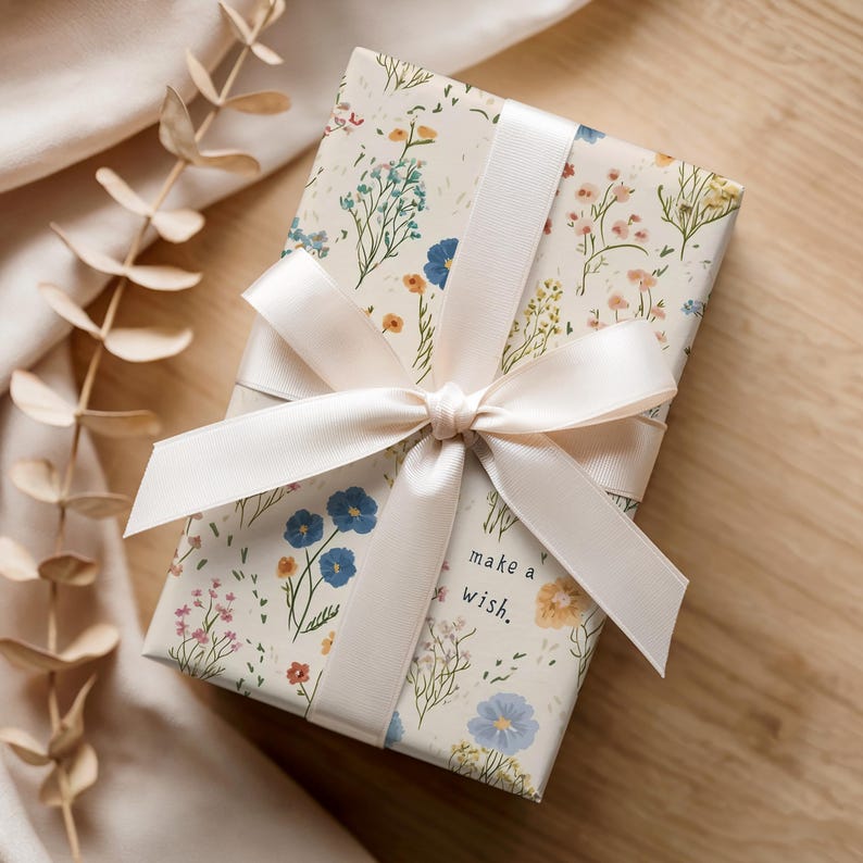 Floral birthday wrapping paper with playful vintage design in soft neutral shades, ideal for presents and special occasion decor.