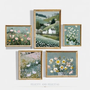 May include: Five framed art prints with gold frames. The artwork features tranquil landscapes with flowers, geese, and cottages. The text "FELICITY AND FELICITAS" is at the bottom of the image.