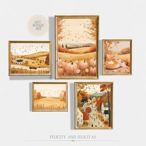 Lindo conjunto de arte de pared de Fall Village de 5, decoración de otoño, conjunto de galería de otoño imprimible, arte de pared de otoño de tono cálido, conjunto de pared de galería de tiempo de cosecha