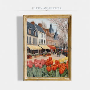 Spring Floral Printable Wall Art, Colorful Spring Village Art, Spring Home Decor, Vintage Tulip Illustration, Digital Download