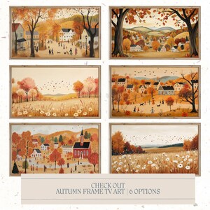 K&ouml;nnte beinhalten: Sechs gerahmte Herbstbilder, die eine kleine Stadt mit H&auml;usern, B&auml;umen und Menschen darstellen. Die Bilder sind im rustikalen Stil mit warmen Farben und einem verspielten Flair gehalten. Der Text "CHECK OUT AUTUMN FRAME TV ART | 6 OPTIONS" befindet sich am unteren Rand des Bildes.