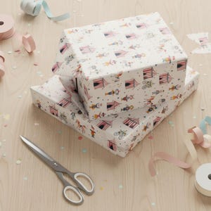 Premium circus-themed kids gift wrap with vibrant carnival animals and big top tents, perfect for birthday party presents and gift packaging.