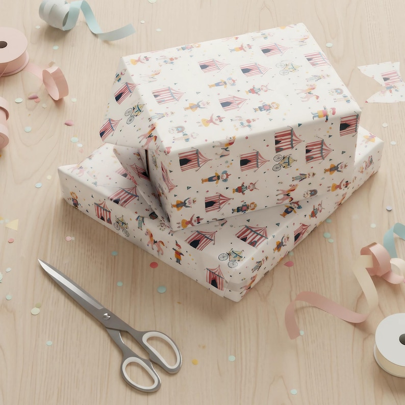 Premium circus-themed kids gift wrap with vibrant carnival animals and big top tents, perfect for birthday party presents and gift packaging.