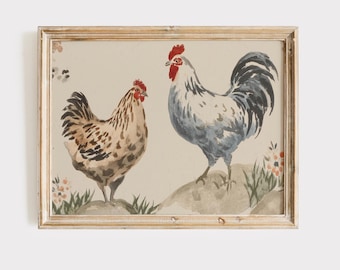 Impresión de acuarela de estilo vintage con diseño de pollo para pared, para guardería, estilo granja.