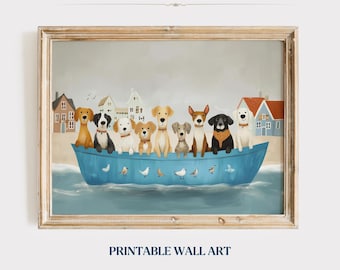 Arte de pared imprimible de perro de verano, lindos perritos costeros, arte caprichoso de mascota, pintura marítima, decoración de granja de playa, descarga digital
