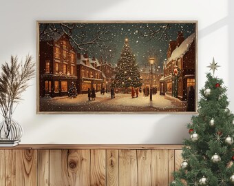 May include: A vintage-style painting of a snowy town square at night with a large Christmas tree in the center. People are walking around the tree, and there are buildings with lit windows on either side of the square.
