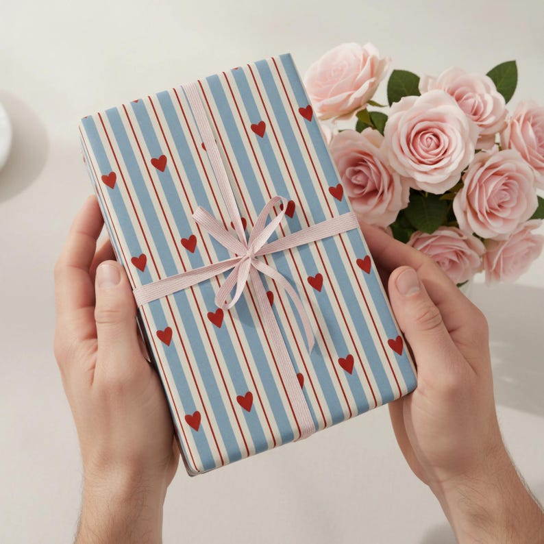 May include: A wrapped gift with blue and white striped paper, red heart accents, and a pink ribbon. A bouquet of pink roses is in the background. The gift is held in both hands.