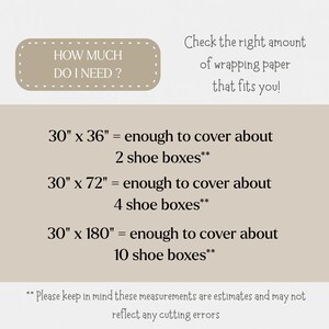 May include: A beige graphic with text that reads "HOW MUCH DO I NEED?" and "Check the right amount of wrapping paper that fits you!" It provides wrapping paper size estimates for shoe boxes: 76cm x 91cm for 2 boxes, 76cm x 183cm for 4 boxes, and 76cm x 457cm for 10 boxes.