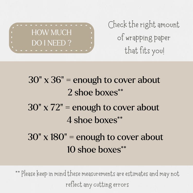 May include: A beige graphic with text that reads "HOW MUCH DO I NEED?" and "Check the right amount of wrapping paper that fits you!" It provides wrapping paper size estimates for shoe boxes: 76cm x 91cm for 2 boxes, 76cm x 183cm for 4 boxes, and 76cm x 457cm for 10 boxes.