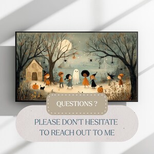 May include: A framed Halloween-themed illustration featuring children in costumes, a ghost, pumpkins, and a house under a full moon. Bare trees with hanging spiders and jack-o'-lanterns add to the spooky atmosphere. The image includes the text "QUESTIONS? PLEASE DON'T HESITATE TO REACH OUT TO ME."