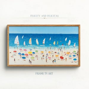 May include: A painting of a beach scene with sailboats in the water and people on the sand. The sky is blue and the water is turquoise. There are colorful umbrellas and beach chairs on the sand. The painting is framed in a wooden frame.