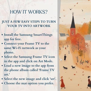 K&ouml;nnte beinhalten: Eine Schritt-f&uuml;r-Schritt-Anleitung, wie Sie Ihren Samsung Frame TV in ein Kunstwerk verwandeln. Die Anweisungen umfassen die Installation der Samsung SmartThings App, die Verbindung des Fernsehers mit demselben Wi-Fi-Netzwerk wie Ihr Telefon, die Auswahl des Samsung Frame TV-Symbols in der App, das Laden eines neuen Bildes aus dem Telefonalbum namens 'Frame TV art', die Auswahl des neuen Bildes und das Klicken auf 'set' sowie die Auswahl der gew&uuml;nschten Passepartout-Option.