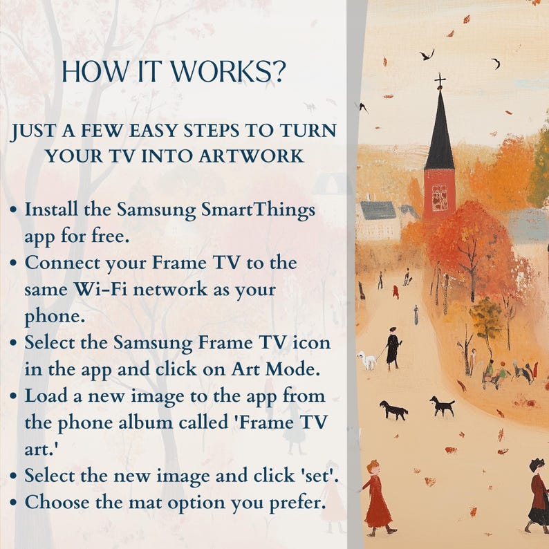 K&ouml;nnte beinhalten: Eine Schritt-f&uuml;r-Schritt-Anleitung, wie Sie Ihren Samsung Frame TV in ein Kunstwerk verwandeln. Die Anweisungen umfassen die Installation der Samsung SmartThings App, die Verbindung des Fernsehers mit demselben Wi-Fi-Netzwerk wie Ihr Telefon, die Auswahl des Samsung Frame TV-Symbols in der App, das Laden eines neuen Bildes aus dem Telefonalbum namens 'Frame TV art', die Auswahl des neuen Bildes und das Klicken auf 'set' sowie die Auswahl der gew&uuml;nschten Passepartout-Option.