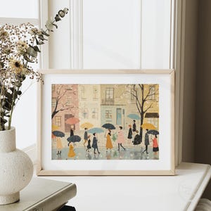 Neutral spring printable art with beige farmhouse aesthetic and whimsical rain illustration.