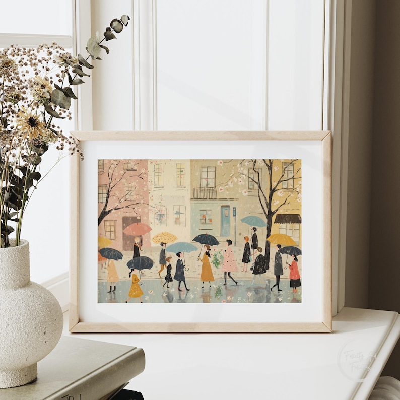 Neutral spring printable art with beige farmhouse aesthetic and whimsical rain illustration.