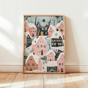 Pink Christmas Village Poster, Whimsical Winter Wall Art (Digital Download)
