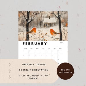 May include: A 2027 February calendar page featuring an illustration of two orange-breasted birds perched on thin branches in a snowy forest setting with a small cabin in the background. The calendar grid displays the month name and dates.