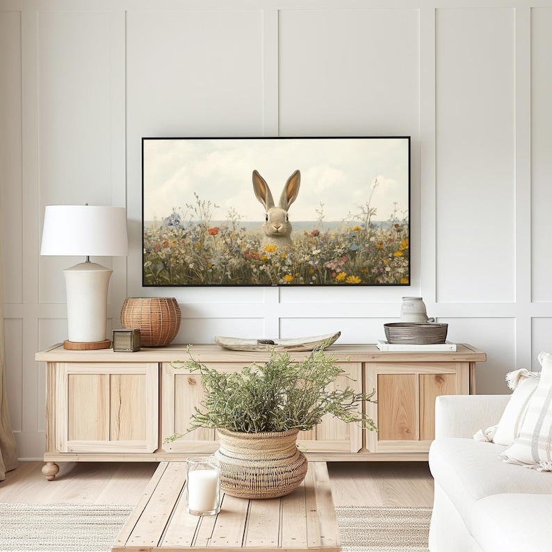 K&ouml;nnte beinhalten: Ein gerahmter Druck eines braunen Kaninchens, das in einem Feld mit Wildblumen sitzt. Das Kaninchen schaut direkt in die Kamera. Der Druck h&auml;ngt an einer wei&szlig;en Wand &uuml;ber einem Holzschr&auml;nk.