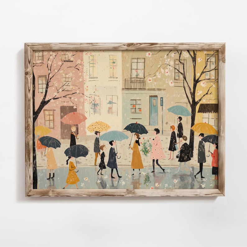 Pastel Umbrella Printable Wall Art Cute Spring Rain Artwork Beige Farmhouse Decor Neutral Spring Village Canva Digital Download image 1