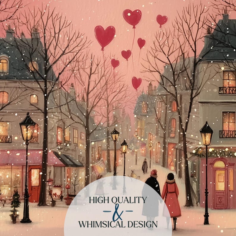 May include: An illustration of a snowy street scene with buildings, street lamps, and heart-shaped balloons floating in the sky. The text "HIGH QUALITY - & - WHIMSICAL DESIGN" is at the bottom of the image. A couple is walking down the street.