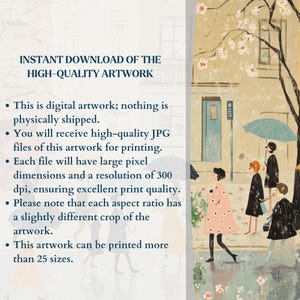 May include: Digital illustration of a street scene with people walking under umbrellas in the rain. The artwork features a pink and white building with a blue door and a tree with white flowers. The people are wearing colorful clothing and carrying umbrellas. The artwork is available for instant download.