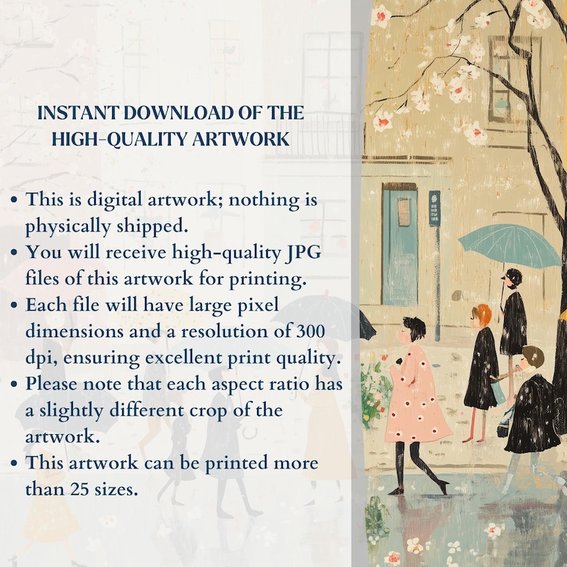 May include: Digital illustration of a street scene with people walking under umbrellas in the rain. The artwork features a pink and white building with a blue door and a tree with white flowers. The people are wearing colorful clothing and carrying umbrellas. The artwork is available for instant download.