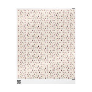 May include: A cream-colored fabric with a repeating pattern of small pink houses, figures, and floral elements. The design includes various colors like green, brown, and red, creating a whimsical and detailed aesthetic. The fabric is presented on a white background.