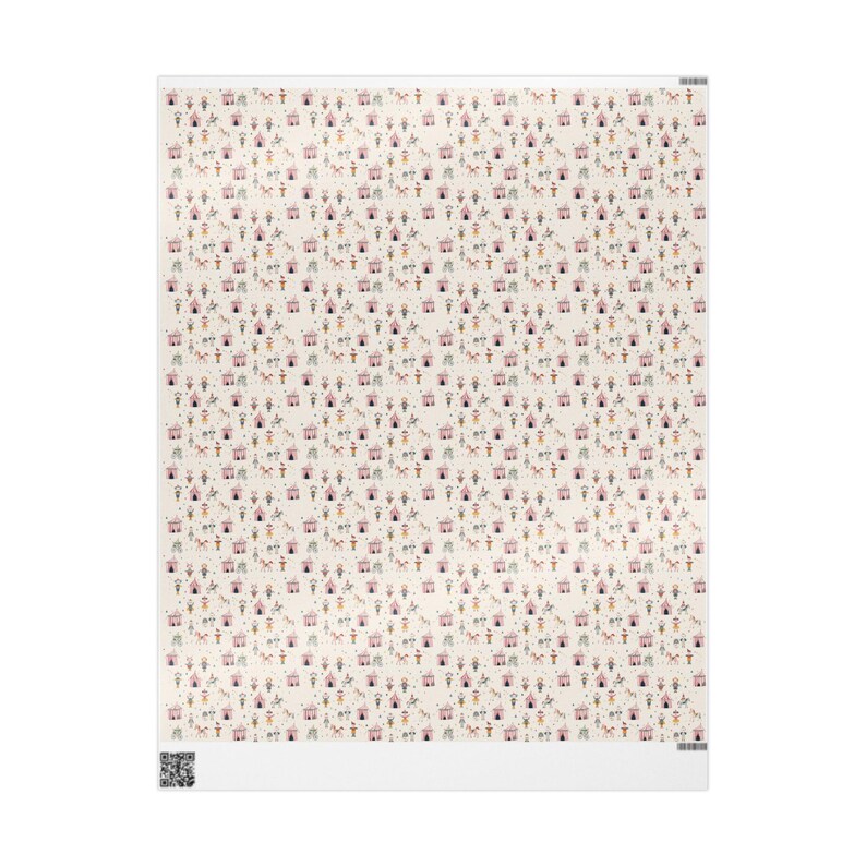May include: A cream-colored fabric with a repeating pattern of small pink houses, figures, and floral elements. The design includes various colors like green, brown, and red, creating a whimsical and detailed aesthetic. The fabric is presented on a white background.