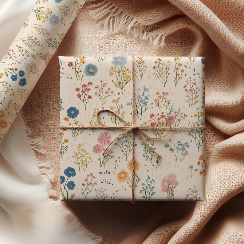 Playful floral pattern on a neutral background, cute “Make a Wish” gift wrap for birthdays and special occasion crafts.