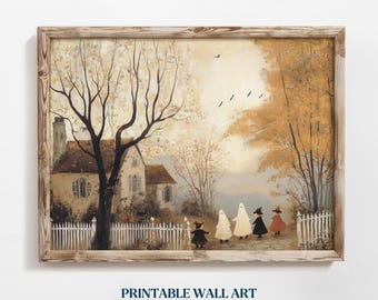Printable Vintage Aesthetic Trick & Treat Painting Fall Tone Halloween Poster Cute Cozy Season Wall Decor Idea Antique Autumn Landscape Art