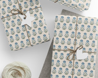 Wrapping Paper Vintage Blue Floral Block Print Tossed Floral Pattern Gift Wrap