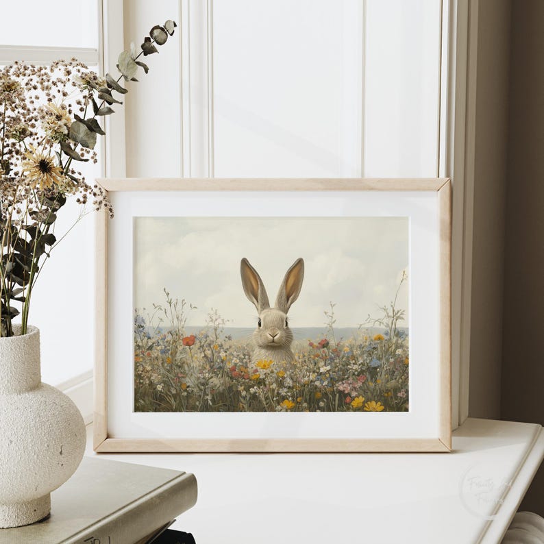 K&ouml;nnte beinhalten: Ein gerahmter Druck eines Kaninchens in einem Feld voller Wildblumen. Das Kaninchen schaut den Betrachter direkt an mit einem sanften, freundlichen Ausdruck. Der Hintergrund ist ein sanfter blauer Himmel mit wei&szlig;en Wolken.