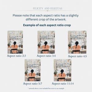 May include: Five different aspect ratio crops of a digital illustration of a woman sitting at a table by a window. The woman is wearing a pink and white patterned dress and is looking out the window. The window is showing a snowy scene outside. The text "Aspect ratio 2:3", "Aspect ratio 3:4", "Aspect ratio 4:5", "Aspect ratio 5:7", and "Aspect ratio 11:14" is below each image.